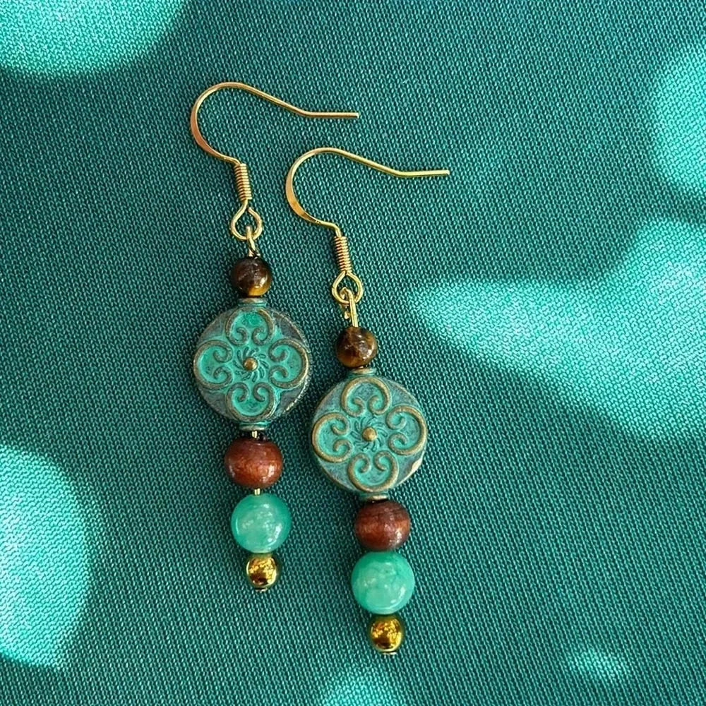 Handmade teal quartzite + tigers eye drop earrings